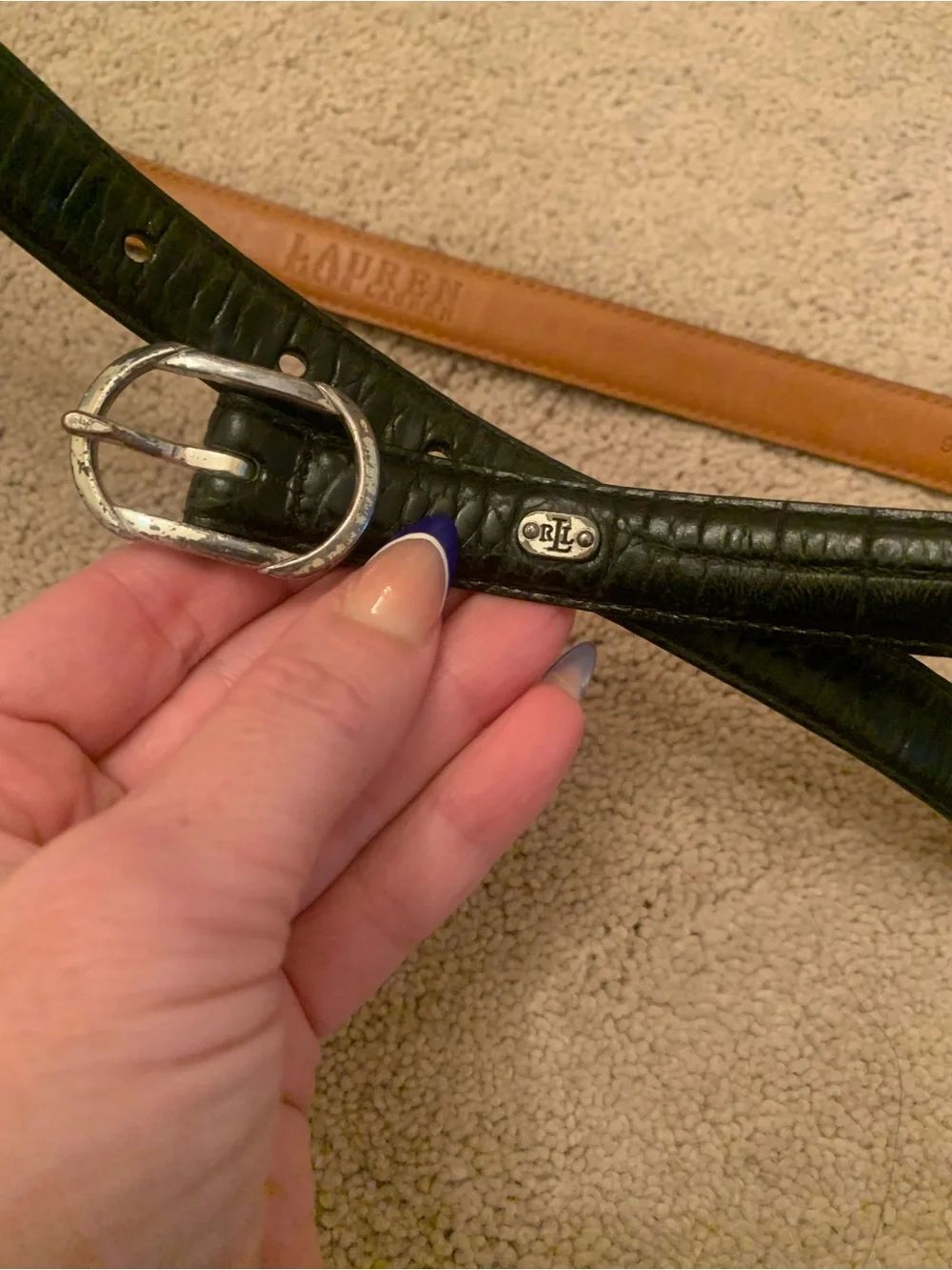 Vintage Lauren Ralph Lauren Black Croc-Embossed Leather Belt with Silver Buckle